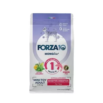 Forza10 MonoDiet Sensitive Digestion Mini&Toy Adult сухой корм для взрослых собак мелких пород при чувствительном пищеварении с рыбой - 1,5 кг диетические супер премиум монобелковый для взрослых с рыбой породы мелкого размера мешок Италия 1 уп. х 1 шт. х 1.5 кг