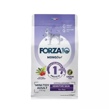 Forza10 MonoDiet Sensitive Skin Mini & Toy Adult сухой корм для взрослых собак мелких пород при чувствительной коже с рыбой - 1,5 кг диетические супер премиум монобелковый для взрослых с рыбой породы мелкого размера мешок Италия 1 уп. х 1 шт. х 1.5 кг