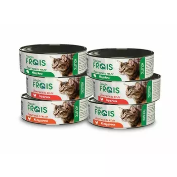 Frais Glogin Holistic полнорационный влажный корм для кошек, мясное ассорти, 2 с желудочками, 2 с индейкой, 2 с сердечками, ломтики в желе, в консервах - 100 г повседневный супер премиум для взрослых ассорти мясное для всех пород консервы (в железной банке) Россия 1 уп. х 6 шт. х 3.6 кг