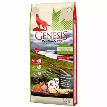 Genesis Pure Canada Green Highland Puppy для щенков, юниоров, беременных и кормящих взрослых собак всех пород с курицей, козой и ягненком повседневный супер премиум алабай холистики для щенков с козой породы мелкого размера мешок Германия 1 уп. х 1 шт. х 11.79 кг