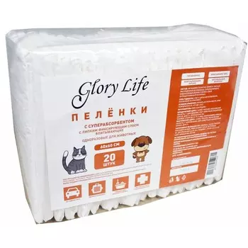 Glory Life пеленки c суперабсорбентом и липким фиксирующим слоем одноразовые для собак и кошек, белые, 20 шт, 60x60 см Россия 1 уп. х 1 шт. х 0.56 кг