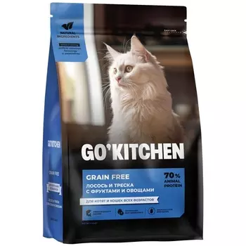 Go Kitchen сухой корм для котят и кошек всех возрастов, беззерновой, с лососем и треской - 1,36 кг холистик беззерновые для всех возрастов с треской для всех пород мешок Российский корм 1 уп. х 1 шт. х 1.36 кг