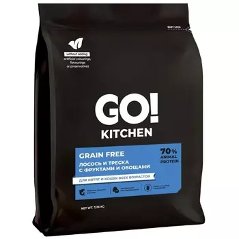 Go Kitchen сухой корм для котят и кошек всех возрастов, беззерновой, с лососем и треской - 7,26 кг холистик беззерновые для всех возрастов с треской для всех пород мешок Российский корм 1 уп. х 1 шт. х 7.26 кг