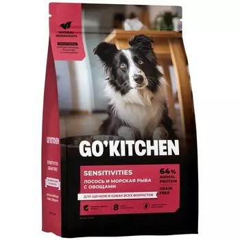 Go Kitchen сухой корм для щенков и собак всех возрастов, беззерновой, с лососем и морской рыбой сухой корм для чувствительного пищеварения - 1,59 кг холистик беззерновые для всех возрастов с рыбой для всех пород мешок Российский корм 1 уп. х 1 шт. х 1.59 кг