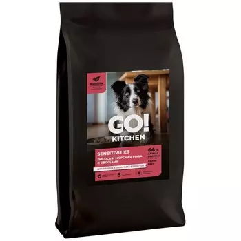 Go Kitchen сухой корм для щенков и собак всех возрастов, беззерновой, с лососем и морской рыбой сухой корм для чувствительного пищеварения - 9,98 кг холистик беззерновые для всех возрастов с лососем для всех пород мешок Российский корм 1 уп. х 1 шт. х 9.98 кг