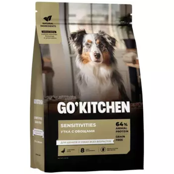 Go Kitchen сухой корм для щенков и собак всех возрастов, беззерновой, с уткой сухой корм для чувствительного пищеварения - 1,59 кг холистик беззерновые для всех возрастов с уткой для всех пород мешок Российский корм 1 уп. х 1 шт. х 1.59 кг