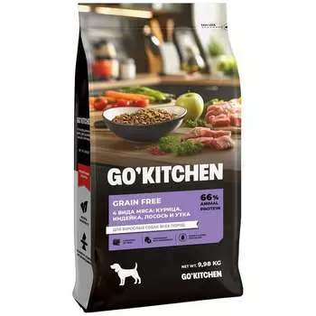 Go Kitchen сухой корм для взрослых собак всех пород, беззерновой, с курицей, индейкой, лососем и уткой - 1,59 кг холистик беззерновые для всех возрастов с индейкой для всех пород мешок Российский корм 1 уп. х 1 шт. х 1.59 кг