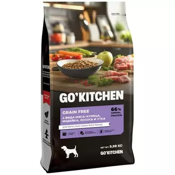 Go Kitchen сухой корм для взрослых собак всех пород, беззерновой, с курицей, индейкой, лососем и уткой - 9,98 кг холистик беззерновые для всех возрастов с индейкой для всех пород мешок Российский корм 1 уп. х 1 шт. х 9.98 кг