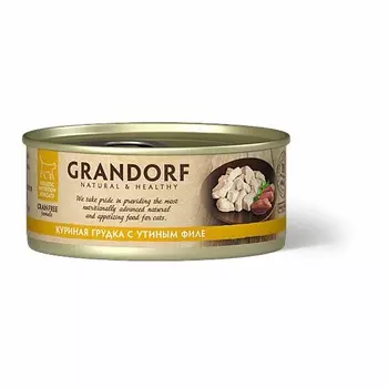 Grandorf Chicken With Duck In Broth влажный корм для кошек, с КУРИНОЙ ГРУДКОЙ и УТИНЫМ ФИЛЕ, волокна в бульоне, в консервах - 70 г повседневный холистик холистики для взрослых с курицей для всех пород консервы (в железной банке) Импортный корм 1 уп. х 6 шт. х 0.42 кг