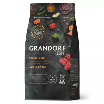 Grandorf Fresh Cat Adult Large & Lamb & Sweet Potato Сухой корм беззерновой с живыми пробиотиками для кошек крупных пород с чувствительным пищеварением с ЯГНЕНКОМ и бататом - 400 г холистик беззерновые для взрослых с ягненком породы крупного размера мешок Импортный корм 1 уп. х 1 шт. х 0.4 кг