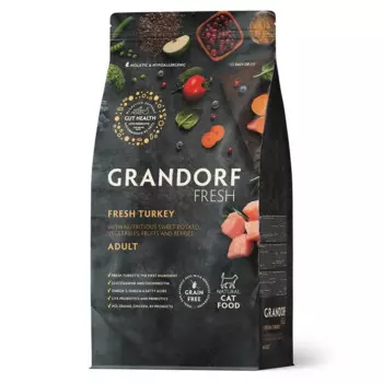 Grandorf Fresh Cat Adult & Maxi Turkey & Sweet Potato Сухой корм беззерновой с живыми пробиотиками для кошек при аллергии с ИНДЕЙКОЙ и бататом - 400 г холистик беззерновые для взрослых с индейкой для всех пород мешок Импортный корм 1 уп. х 1 шт. х 0.4 кг