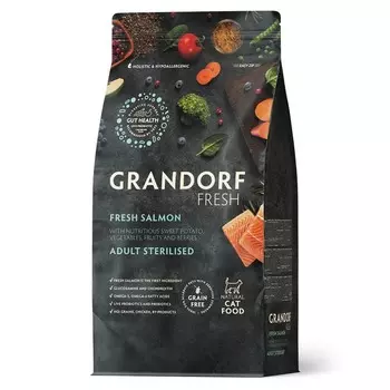Grandorf Fresh Cat Adult Sterilised & Maxi Salmon & Sweet Potato Сухой корм беззерновой с живыми пробиотиками для взрослых и пожилых стерилизованных кошек Сухой корм беззерновой с живыми пробиотиками для здоровья кожи и шерсти, с ЛОСОСЕМ и бататом - 400 г холистик беззерновые для взрослых с лососем для всех пород мешок Импортный корм 1 уп. х 1 шт. х 0.4 кг