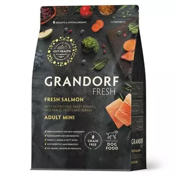 Сухой корм GRANDORF FRESH GRAIN FREE DOG ADULT MINI SALMON & SWEET POTATO беззерновой для взрослых собак маленьких пород с лососем и бататом - 3 кг холистик беззерновые для взрослых с лососем миниатюрные породы мешок Импортный корм 1 уп. х 1 шт. х 3 кг