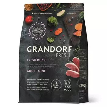 Grandorf Fresh Grain Free Dog Adult Mini Duck & Sweet Potato Сухой корм беззерновой с живыми пробиотиками для взрослых собак маленьких пород с УТКОЙ и бататом холистик беззерновые для взрослых с уткой миниатюрные породы мешок Импортный корм 1 уп. х 1 шт. х 3 кг