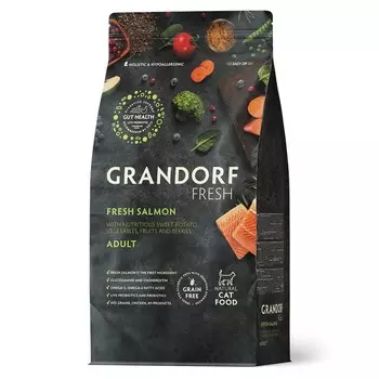 Grandorf Fresh Grain Free Cat Adult Salmon & Sweet Potato Сухой корм беззерновой с живыми пробиотиками для кошек, Сухой корм беззерновой с живыми пробиотиками для здоровья кожи и шерсти, с ЛОСОСЕМ и бататом холистик беззерновые для взрослых с лососем для всех пород мешок Импортный корм 1 уп. х 1 шт. х 2 кг