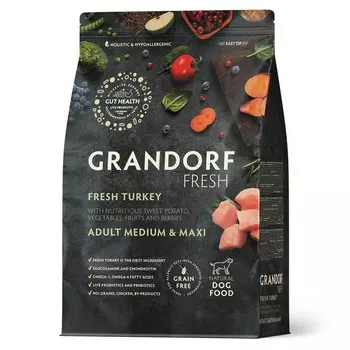 Grandorf Fresh Grain Free Dog Adult Medium & Maxi Turkey & Sweet Potato Сухой корм беззерновой с живыми пробиотиками для взрослых собак средних и крупных пород с ИНДЕЙКОЙ и бататом - 1 кг холистик беззерновые для взрослых с индейкой для всех пород мешок Импортный корм 1 уп. х 1 шт. х 1 кг