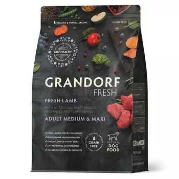Grandorf Fresh Grain Free Dog Adult Medium & Maxi Lamb & Sweet Potato Сухой корм беззерновой с живыми пробиотиками для взрослых собак средних и крупных пород с ЯГНЕНКОМ и бататом холистик беззерновые для взрослых с ягненком для всех пород мешок Импортный корм 1 уп. х 1 шт. х 10 кг