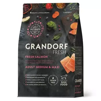 Grandorf Fresh Grain Free Dog Adult Medium & Maxi Salmon & Sweet Potato Сухой корм беззерновой с живыми пробиотиками для взрослых собак средних и крупных пород с ЛОСОСЕМ и бататом холистик беззерновые для взрослых с лососем для всех пород мешок Импортный корм 1 уп. х 1 шт. х 10 кг