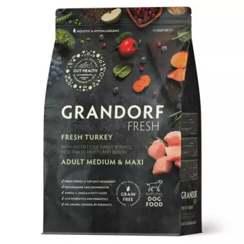 Grandorf Fresh Grain Free Dog Adult Medium & Maxi Turkey & Sweet Potato Сухой корм беззерновой с живыми пробиотиками для взрослых собак средних и крупных пород с ИНДЕЙКОЙ и бататом - 3 кг холистик беззерновые для взрослых с индейкой для всех пород мешок Импортный корм 1 уп. х 1 шт. х 3 кг