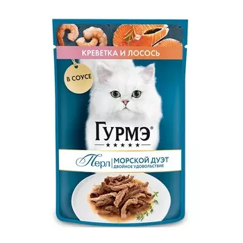 Гурмэ Перл Морской Дуэт полнорационный влажный корм для кошек, с креветками и лососем, кусочки в соусе, в паучах - 75 г повседневный супер премиум для взрослых с креветками для всех пород паучи Российский корм 1 уп. х 26 шт. х 1.95 кг