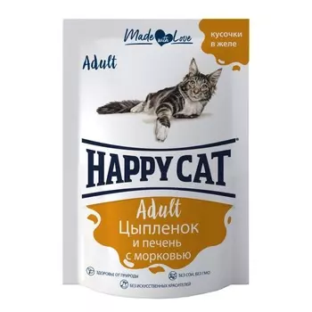 Happy Cat влажный корм для кошек, с ЦЫПЛЕНКОМ, ПЕЧЕНЬЮ и морковью, ломтики в желе, в паучах - 85 г повседневный супер премиум для взрослых с печенью паучи Российский корм 1 уп. х 24 шт. х 2.04 кг