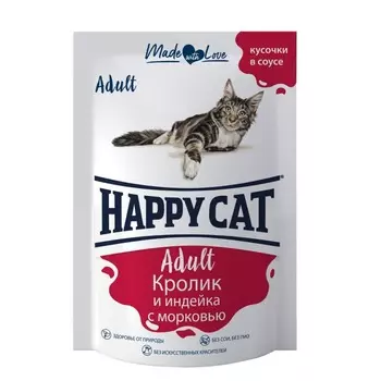 Happy Cat влажный корм для кошек, с КРОЛИКОМ, ИНДЕЙКОЙ и морковью, ломтики в соусе, в паучах - 85 г повседневный супер премиум для взрослых с индейкой паучи Российский корм 1 уп. х 24 шт. х 2.04 кг