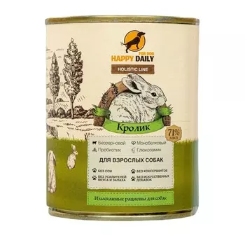 Happy Daily Holistic line влажный корм для взрослых собак всех пород с КРОЛИКОМ, в консервах - 340 г повседневный супер премиум холистики для взрослых с кроликом для всех пород консервы (в железной банке) Российский корм 1 уп. х 1 шт. х 0.34 кг