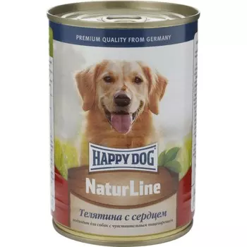 Happy Dog Natur Line полнорационный влажный корм для собак, фарш из телятины и сердца, в консервах - 410 г повседневный супер премиум без курицы для взрослых с сердцем для всех пород консервы (в железной банке) Российский корм 1 уп. х 20 шт. х 8.2 кг
