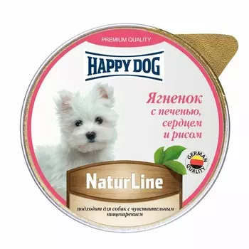 Happy Dog Natur Line полнорационный влажный корм для собак и щенков, паштет с ягненком, печенью, сердцем и рисом, в ламистерах - 125 г повседневный супер премиум для щенков с печенью для всех пород паштет и ламистеры Российский корм 1 уп. х 10 шт. х 1.25 кг