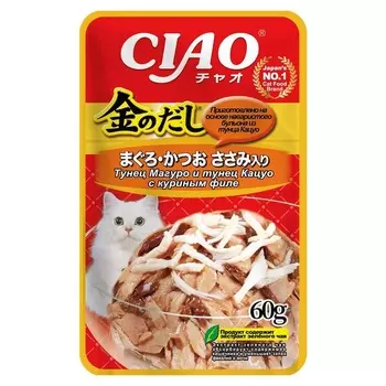Inaba Ciao Kinnodashi влажный корм для взрослых кошек Тунец Магуро и Тунец Кацуо с куриным филе, в паучах - 60 г х 12 шт повседневный супер премиум беззерновые для взрослых с тунцом для всех пород паучи Импортный корм 1 уп. х 12 шт. х 0.72 кг