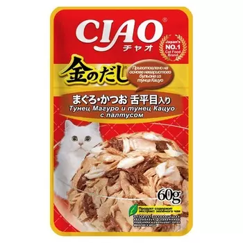 Inaba Ciao Kinnodashi влажный корм для взрослых кошек Тунец Магуро и Тунец Кацуо с палтусом, в паучах - 60 г х 12 шт повседневный супер премиум беззерновые для взрослых с рыбой для всех пород паучи Китай 1 уп. х 12 шт. х 0.72 кг