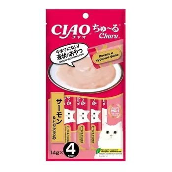 Inaba Ciao лакомство пюре для взрослых кошек, с куриным филе и лососем - 14 г х 4 шт супер премиум для взрослых с курицей Китай 1 уп. х 1 шт. х 0.056 кг