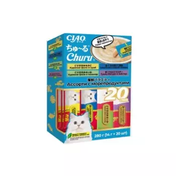 Inaba Ciao лакомство пюре для взрослых кошек, ассорти с морепродуктами - 14 г х 20 шт супер премиум для взрослых ассорти морское Китай 1 уп. х 1 шт. х 0.28 кг