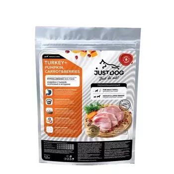 Just Dog Low Grain Hypoallergenic сухой корм для собак средних и крупных пород, полнорационный, с ИНДЕЙКОЙ, тыквой, морковью и ягодами - 1,2 кг повседневный супер премиум низкозерновые для взрослых с индейкой породы крупного размера мешок Российский корм 1 уп. х 1 шт. х 1.2 кг