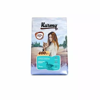 Karmy Hypoallergenic полнорационный сухой корм для кошек при пищевой аллергии, c уткой - 400 г повседневный премиум для взрослых с уткой мешок Российский корм 1 уп. х 1 шт. х 0.4 кг