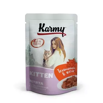 Karmy Kitten влажный корм для котят до 1 года, с телятиной, в желе, паучи - 80 г премиум для котят с телятиной для всех пород паучи Россия 1 уп. х 12 шт. х 0.96 кг