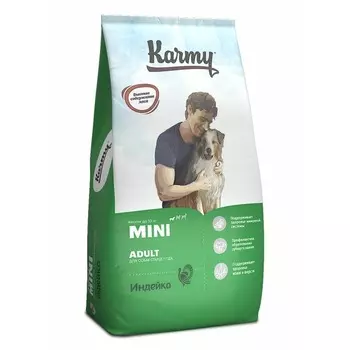 Karmy Mini Adult полнорационный сухой корм для собак мелких пород, с индейкой - 10 кг повседневный премиум низкозерновые для взрослых с индейкой породы мелкого размера мешок Российский корм 1 уп. х 1 шт. х 10 кг