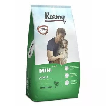 Karmy Mini Adult полнорационный сухой корм для собак мелких пород, с телятиной - 10 кг повседневный премиум низкозерновые для взрослых с телятиной породы мелкого размера мешок Российский корм 1 уп. х 1 шт. х 10 кг