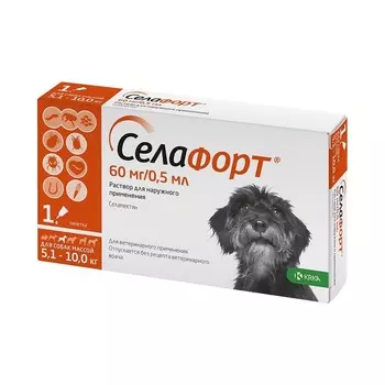 KRKA Селафорт капли от блох и клещей для собак 5,1 - 10 кг, 60 мг, 0,5 мл, 1 пипетка ветеринарный для всех возрастов породы среднего размера Словения 1 уп. х 1 шт. х 0.007 кг