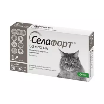 KRKA Селафорт капли от блох и клещей для кошек массой 7,6 -10 кг, 60 мг, 1 мл, 1 пипетка ветеринарный для всех возрастов породы крупного размера Словения 1 уп. х 1 шт. х 0.007 кг
