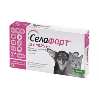 KRKA Селафорт капли от блох и клещей для кошек и собак массой меньше 2,5 кг, 15 мг, 0,25 мл, 1 пипетка ветеринарный для всех возрастов породы мелкого размера Словения 1 уп. х 1 шт. х 0.003 кг