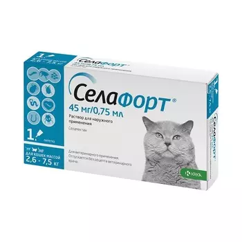 KRKA Селафорт капли от блох и клещей для кошек массой 2,6 - 7,5 кг, 45 мг, 0,75 мл, 1 пипетка ветеринарный для всех возрастов для всех пород Словения 1 уп. х 1 шт. х 0.008 кг