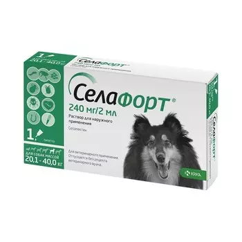 KRKA Селафорт капли от блох и клещей для собак 20,1 - 40 кг, 240 мг, 2 мл, 1 пипетка ветеринарный для всех возрастов породы крупного размера Словения 1 уп. х 1 шт. х 0.002 кг