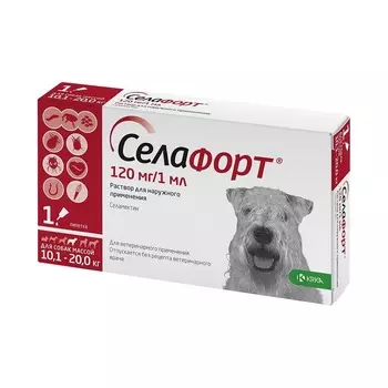 KRKA Селафорт капли от блох и клещей для собак массой 10,1 - 20 кг, 120 мг, 1 мл, 1 пипетка ветеринарный для всех возрастов породы среднего размера Словения 1 уп. х 1 шт. х 0.001 кг