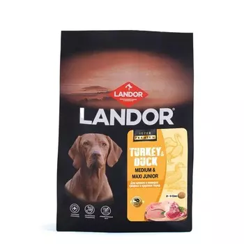 Landor Monoprotein сухой корм для щенков и юниоров средних и крупных пород, c индейкой и уткой - 1,5 кг повседневный супер премиум с клетчаткой с индейкой породы крупного размера мешок Россия 1 уп. х 1 шт. х 1.5 кг