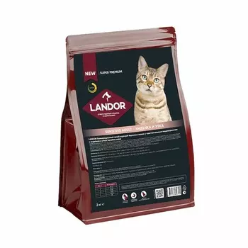 Landor полнорационный сухой корм для кошек с чувствительным пищеварением, c индейкой и уткой - 2 кг повседневный супер премиум для взрослых с индейкой для всех пород мешок Российский корм 1 уп. х 1 шт. х 2 кг