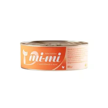 Mi-Mi влажный корм для кошек, c ЦЫПЛЕНКОМ, в консервах - 80 г супер премиум с цыпленком консервы (в железной банке) Китай 1 уп. х 24 шт. х 1.92 кг