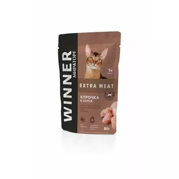 Мираторг Extra Meat полнорационный влажный корм для кошек, с курочкой, кусочки в соусе, в паучах - 80 г повседневный для взрослых с курицей для всех пород паучи Российский корм 1 уп. х 24 шт. х 1.92 кг