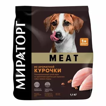Мираторг Meat полнорационный сухой корм для собак мелких пород, с ароматной курочкой - 1,1 кг повседневный для взрослых с курицей породы мелкого размера мешок Российский корм 1 уп. х 1 шт. х 1.1 кг