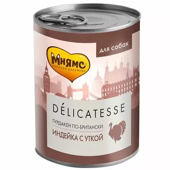 Мнямс Delicatesse "Турдакен по-британски" влажный корм для собак паштет из индейки с уткой, в консервах - 400 г х 12 шт повседневный супер премиум для взрослых с индейкой для всех пород консервы (в железной банке) Российский корм 1 уп. х 12 шт. х 4.8 кг